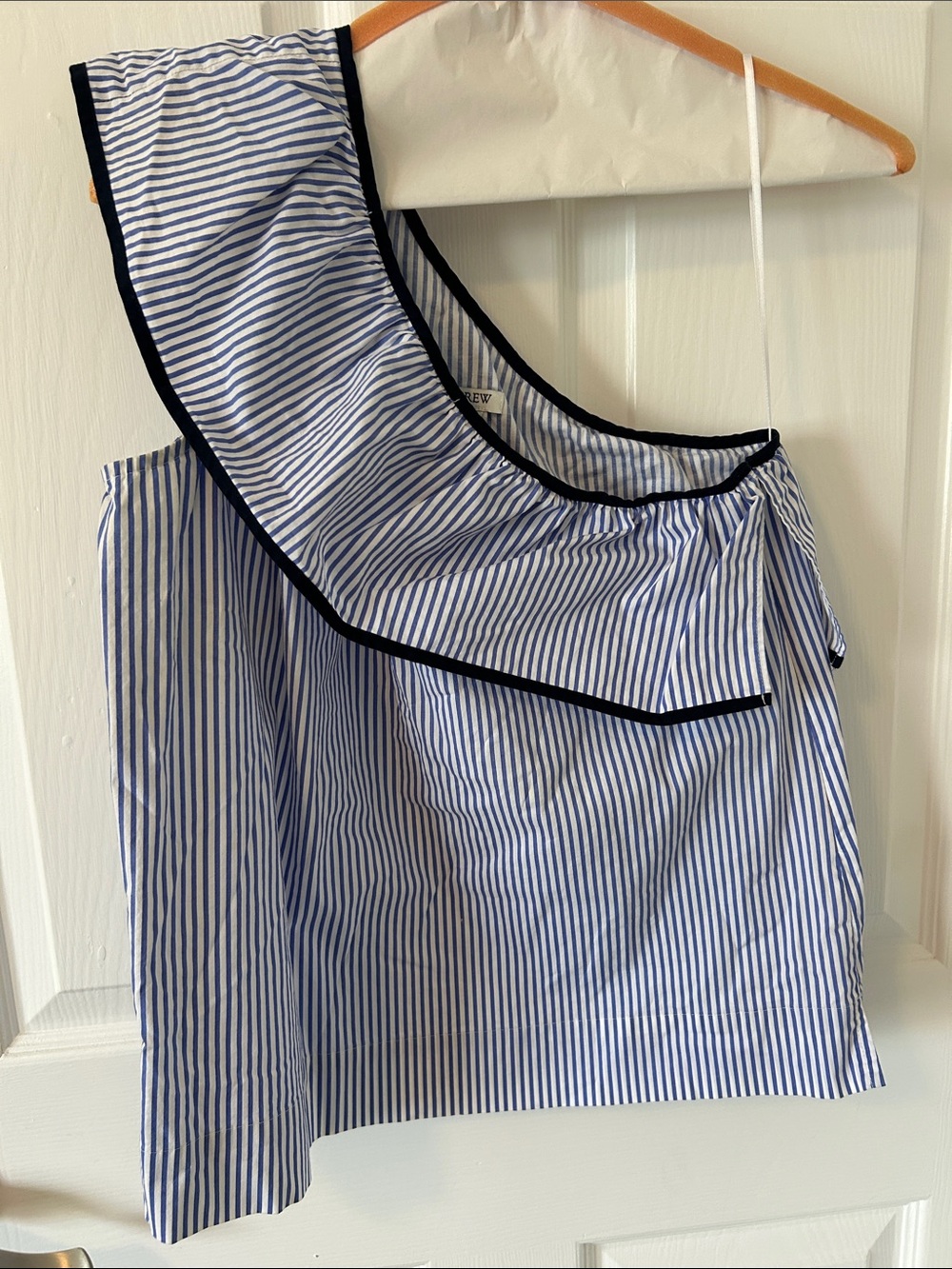 J. Crew Blue & White Striped One-Shoulder Ruffle Top